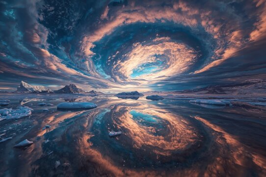Majestic Sky Vortex Reflects on Icy Arctic Waters - Powered by Adobe