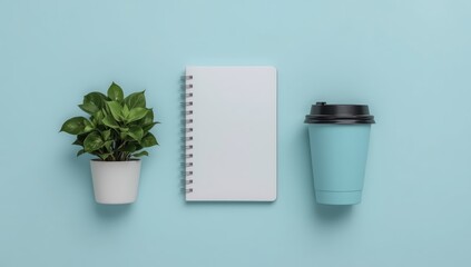 A light blue surface displays a small potted plant, a blank notebook, and a pastel blue disposable coffee cup.