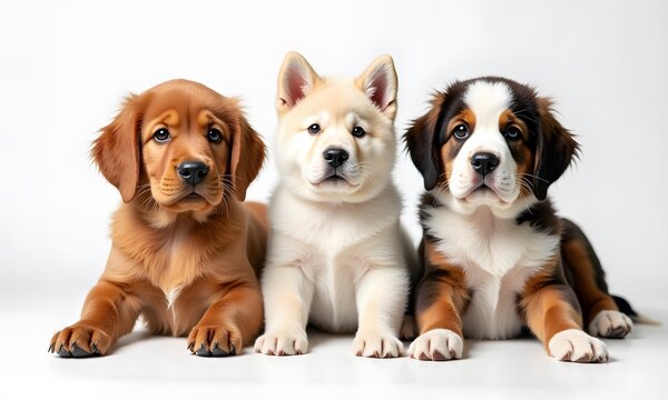 Three Adorable Puppies Gently Sitting Side-by-Side Against a White Background with Copy Space