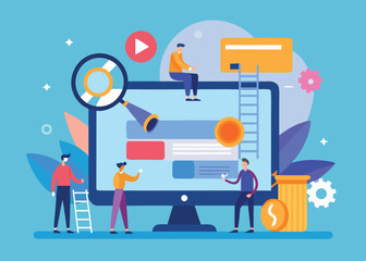 A illustration Team Optimizing Website Content and User Experience with Magnifying Glass and Ladder