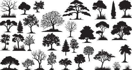 A beautiful collection of different tree and shrub silhouettes with leaves and without.