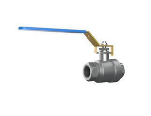 Modern chrome ball valve with a blue handle and golden stem, an essential plumbing and industrial component, presented on a PNG Transparent HD Background. High-res, isolated for design.