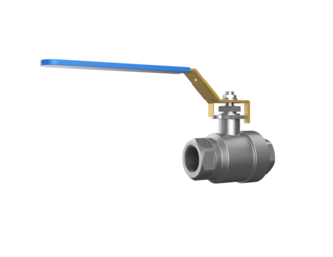 Modern chrome ball valve with a blue handle and golden stem, an essential plumbing and industrial component, presented on a PNG Transparent HD Background. High-res, isolated for design.
