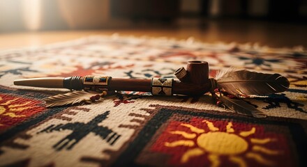 A traditional Native American ceremonial pipe with feathers and beads rests on a colorful patterned rug.