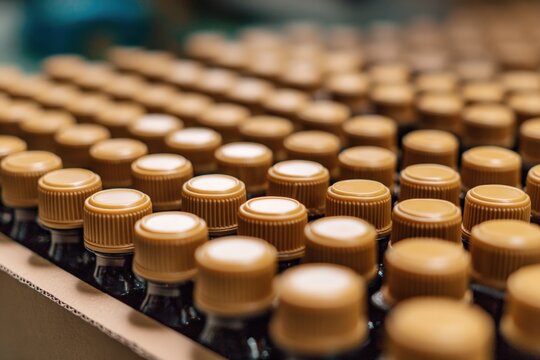 Rows of capped dark bottles in a cardboard tray