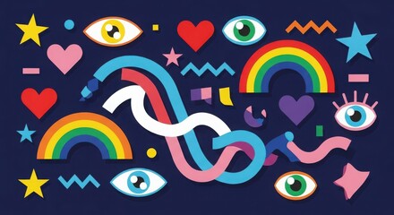 Vibrant and whimsical abstract design featuring rainbows eyes hearts and playful shapes on a dark blue background