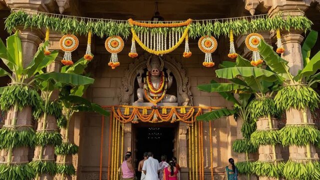 Varaha Jayanti Celebration Devotees at Temple Entrance Decorated with Marigold and Banana Leaves