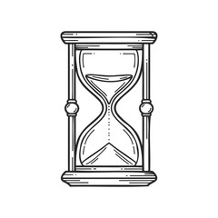 Vintage hourglass sketch with sand timer in black and white line art style