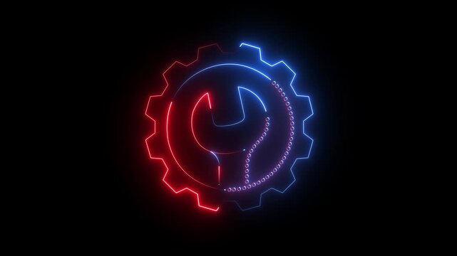 Abstract neon setting icon, Cogwheel with wrench spanner symbol animation. neon Wrench flat animation Illustration Icon for web use for mechanics, fix, maintenance.  mechanical Repair tools concept.