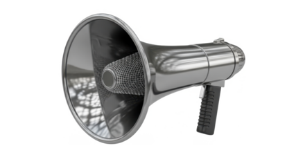 A metallic megaphone, angled, ready for announcement, isolated on white.