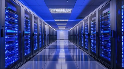 Fototapeta premium A long hallway with server racks in a data center.