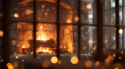 Winter fireplace with burning logs. Vintage burning log of woods fireplace warm cozy home