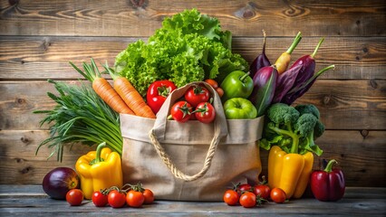 A canvas grocery bag overflowing with fresh, colorful vegetables including lettuce, carrots, tomatoes, broccoli, bell peppers, and eggplant, arranged on a rustic wooden surface