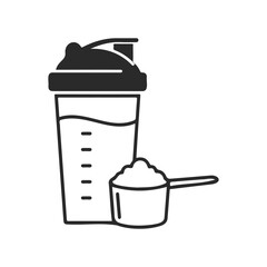 Protein shake bottle and powder scoop icon for fitness nutrition