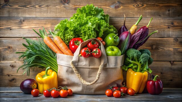A canvas grocery bag overflowing with fresh, colorful vegetables including lettuce, carrots, tomatoes, broccoli, bell peppers, and eggplant, arranged on a rustic wooden surface