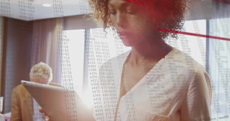female business executive tapping tablet causing data scrolling with red lines highlighting code - Powered by Adobe