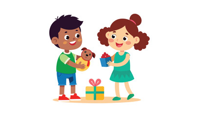 Happy children sharing gifts and a puppy on a special occasion