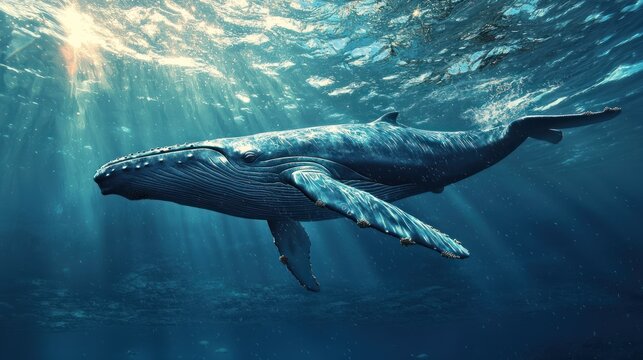 A humpback whale swimming in the ocean with sunlight filtering through the water.