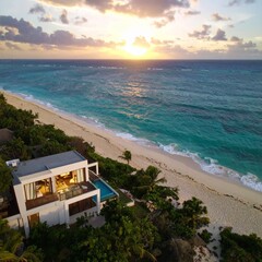 Fototapeta premium Exclusive Beachfront Residence with Panoramic Ocean View at Dramatic Sunset 