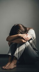 A woman sits on the floor, head bowed, arms wrapped around her knees, in a dimly lit room