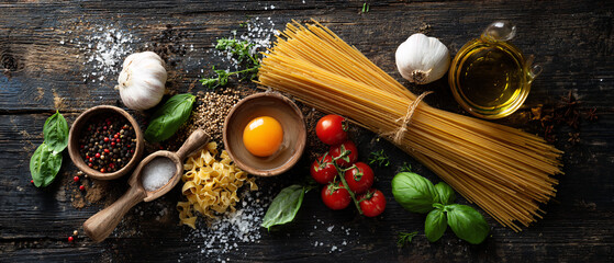 Ingredients for making spaghetti. Ai generate.
