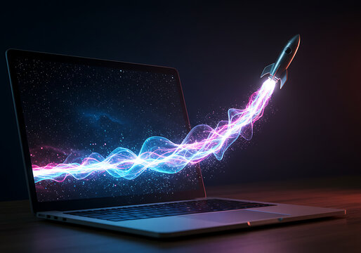 A rocket launches from a laptop screen with a trail of glowing energy. Represents startups, innovation, and rapid technological growth.

 - Powered by Adobe