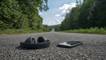 Wireless headphones and smartphone lying on a quiet countryside road, surrounded by lush green trees and open sky—capturing a peaceful escape with music in nature