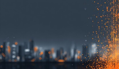 Abstract city skyline at night with digital data stream
