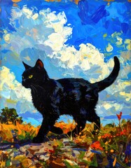 A vibrant painting of a black cat walking against a backdrop of blue skies and fluffy clouds, surrounded by colorful vegetation.