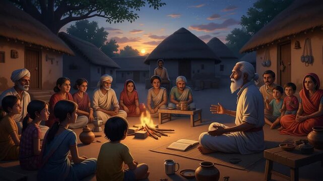 Varaha Jayanti  Hartalika Teej  Ganesh Chaturthi  Samvatsari  and Balarama Jayanti Village Elders Sharing Ancient Indian Traditions at Sunset