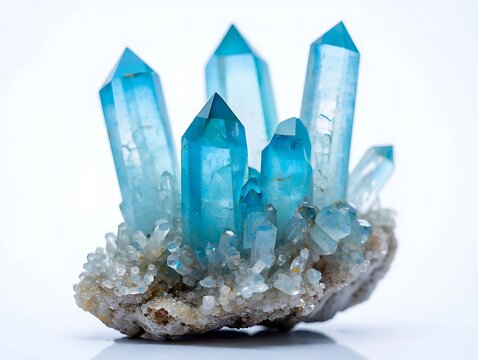 Cluster of aqua aura quartz crystals on a white background