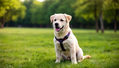 Golden puppy sitting in green grass