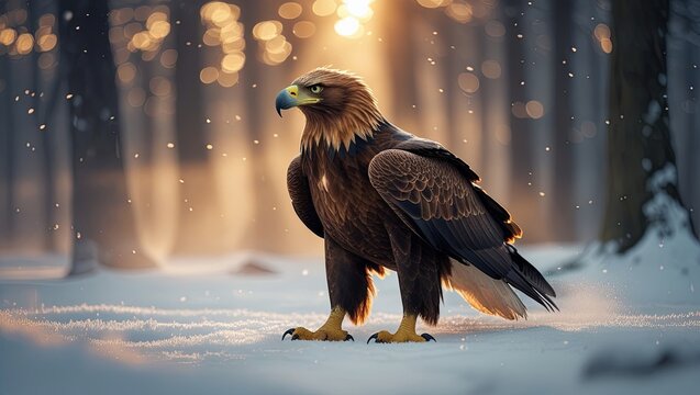 Golden eagle standing in winter snow