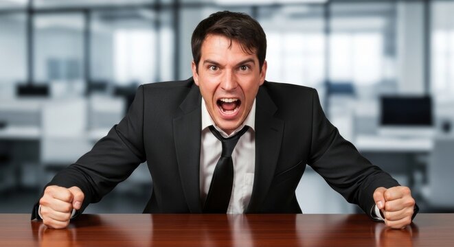 Angry businessman at desk, yelling - Powered by Adobe