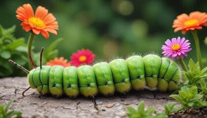 Green caterpillar crawls among colorful flowers in garden