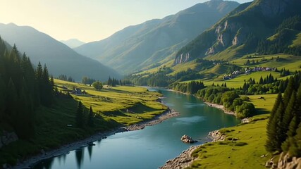 Wide valley with river flowing through green meadows and mountains