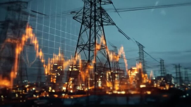A dynamic city skyline illuminated at dusk, showcasing electric power lines and fluctuating data graphs, symbolizing energy consumption and urban development