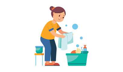 Woman washing clothes by hand in a bucket with soap and water