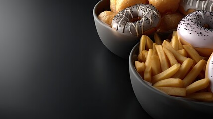 Delicious assortment of sweet treats and savory fries in stylish bowls set against a dark background