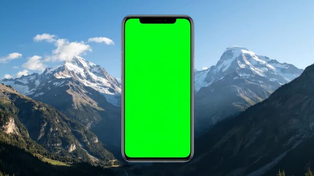 Modern Smartphone with Green Screen Mockup Against a Majestic Snow-Capped Mountain Landscape
