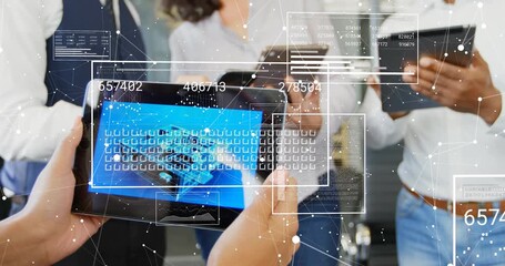 Operator tapping tablet driving business data updates nodes animating model team holding devices