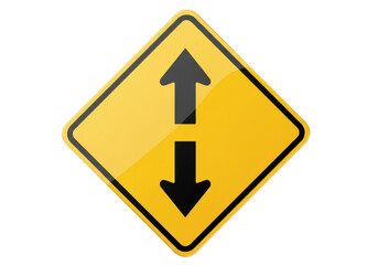 Diamond yellow traffic sign with vertical two-way arrows indicating roadway direction transparent background