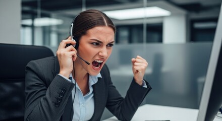 Angry businesswoman on headset in office