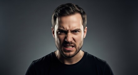 Angry man portrait against gray backdrop