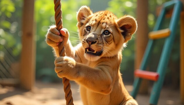 Lion cub climbing rope playfully