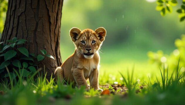 Lion cub resting near tree - Powered by Adobe