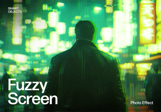 Fuzzy Screen Glitch Photo Effect Template & Retro VHS Cyberpunk Noise Overlay