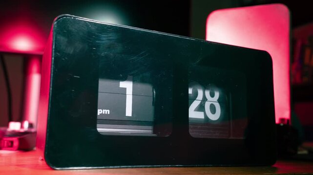 Flip Clock Time-Lapse in 24 Hours with Red Ambient Lighting on Desk