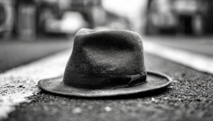 A vintage hat rests on a city street