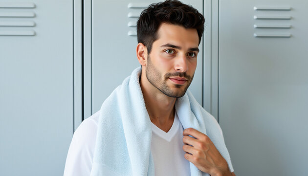 Handsome man with towel around neck in locker room after workout, fresh look and calm confidence, soft light and clean background, concept of recovery, self-care, fitness routine, healthy lifestyle